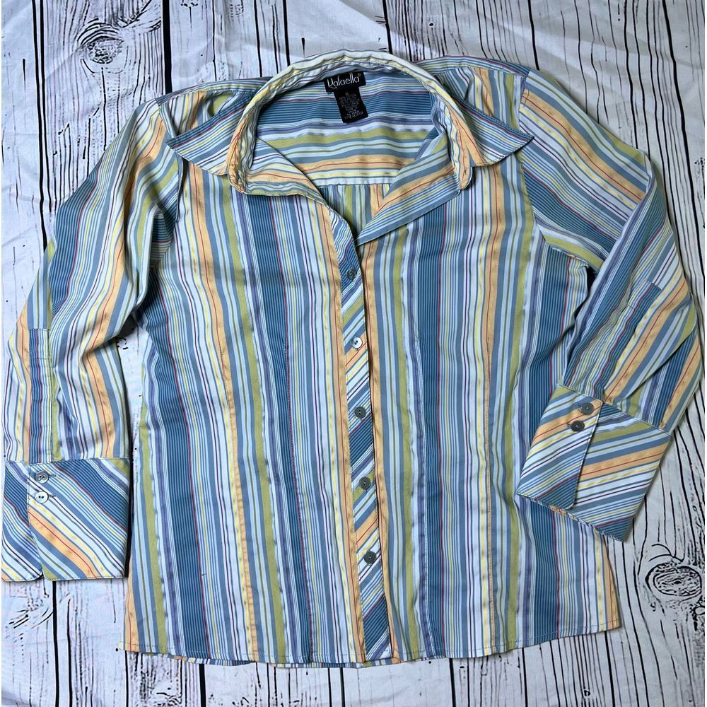 Rafaella Sz 6 M Striped Button Down Shirt Casual Long Sleeve Blue Yellow‎ Peach